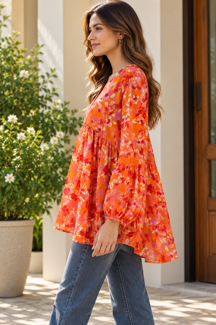 Party Bishop Sleeve Floral Print Women Orange Top