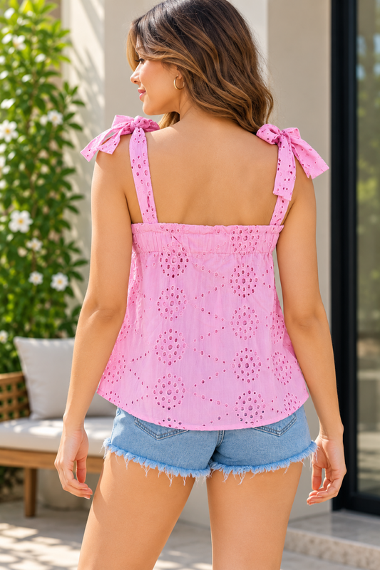 Women's Pink Eyelet Bow-Strap Cami Top