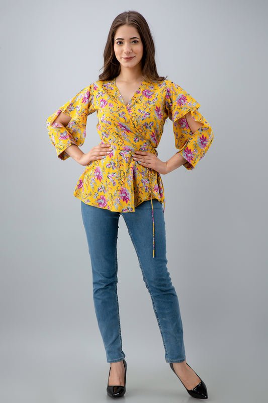 Casual Cutout Floral Print Women Yellow Top
