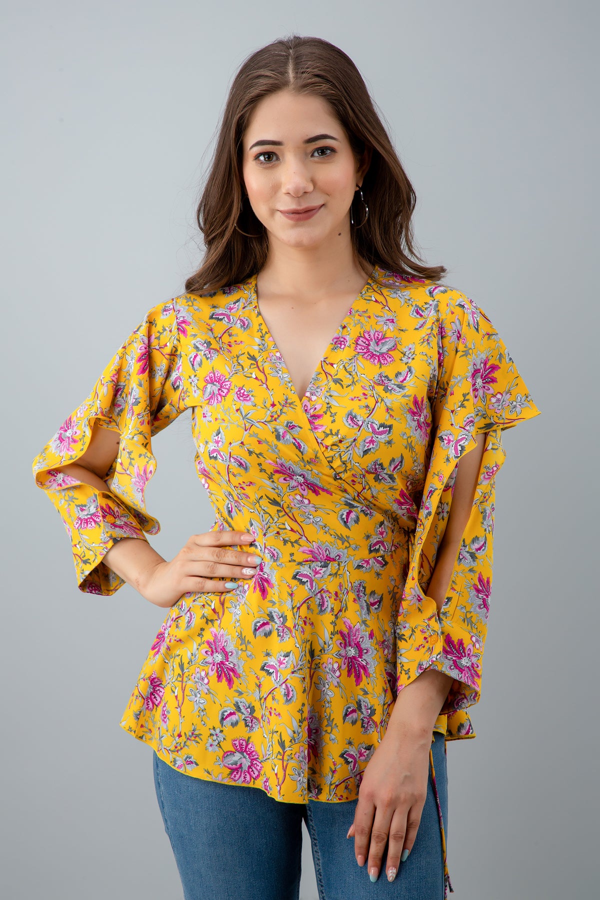 Casual Cutout Floral Print Women Yellow Top