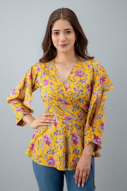 Casual Cutout Floral Print Women Yellow Top