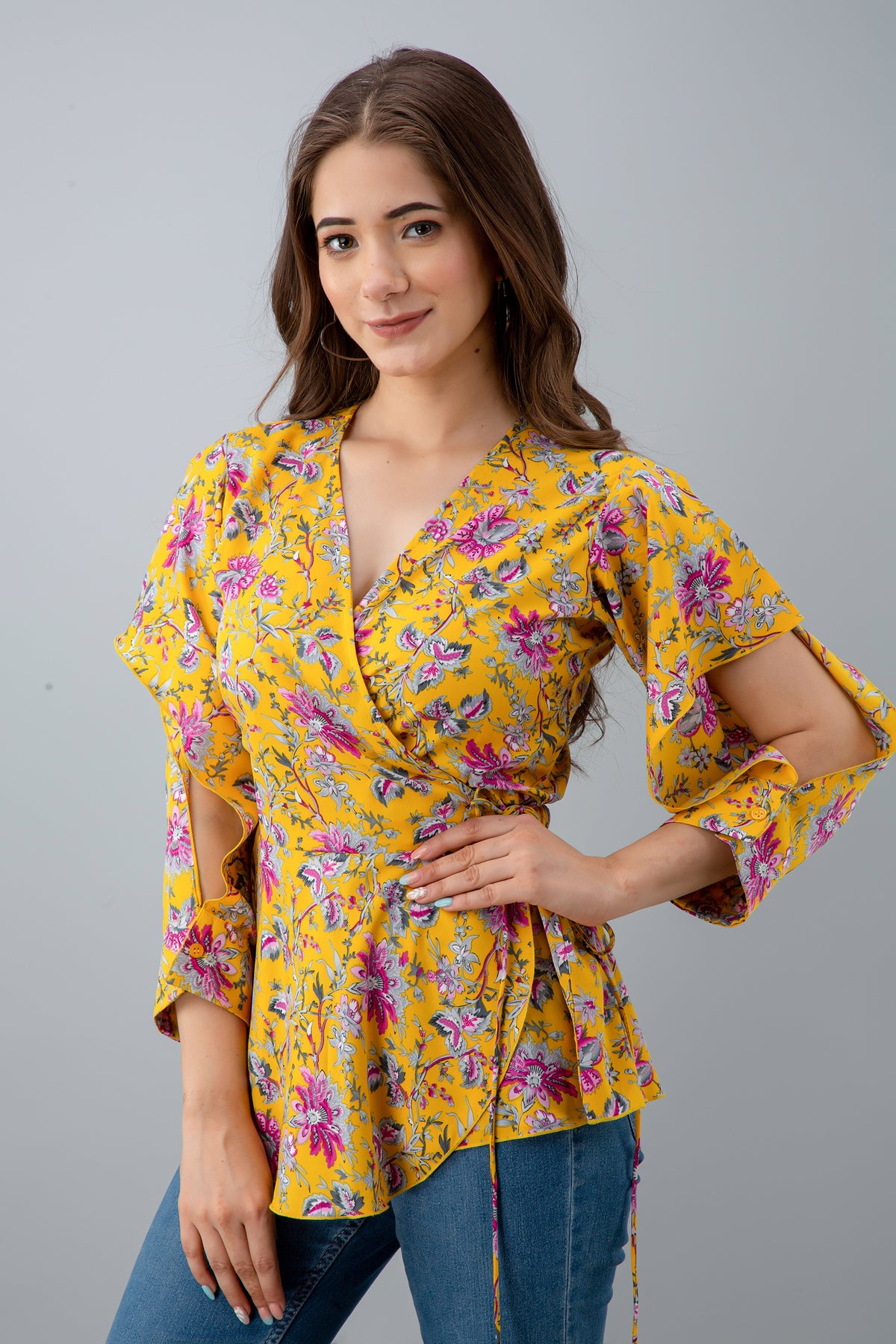 Casual Cutout Floral Print Women Yellow Top