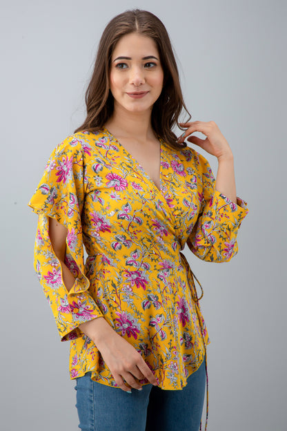 Casual Cutout Floral Print Women Yellow Top