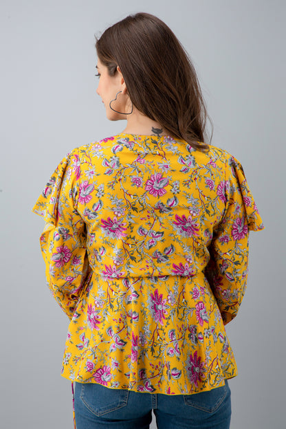 Casual Cutout Floral Print Women Yellow Top